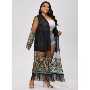 Womens Kimono Cover Up Long Size XXL Black Sheer Floral Embroidered Fringed